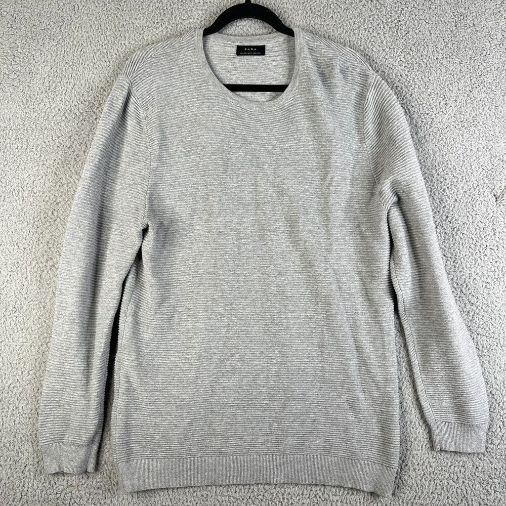 ZARA Sweater Womens L Gray Pullover Knit Sweatshirt Striped Ribbed Long Sleeve